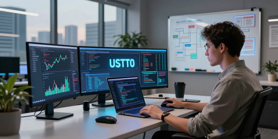 Developer analyzing USDT0 in a high-tech financial workspace with cryptocurrency charts.