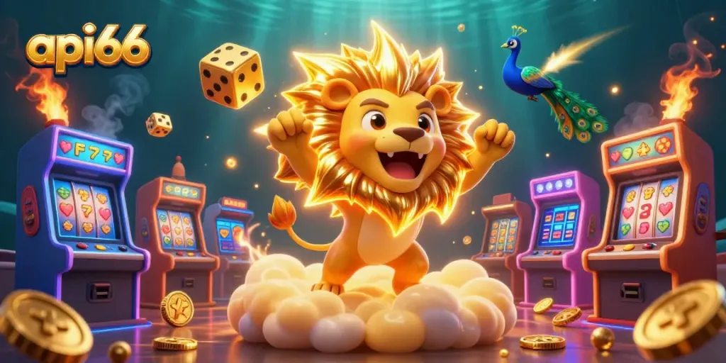 Experience thrilling action with api66's vibrant golden lion and casino elements in a dynamic 3D illustration.