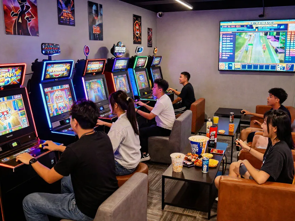 Friends enjoying an exciting night playing slot gacor in a vibrant gaming lounge filled with neon lights.