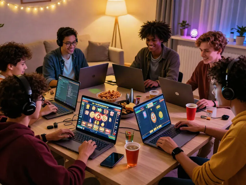Friends enjoying สล็อตเว็บตรง games in a cozy living room setup with engaging visuals on multiple devices.