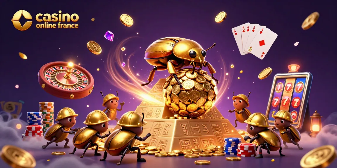 Visualisez l'univers du casino en ligne France avec ce scarabée doré puissant entouré de symboles de jeu.
