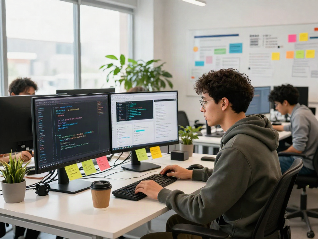 Software engineer coding at a vibrant workspace using crushon technology.