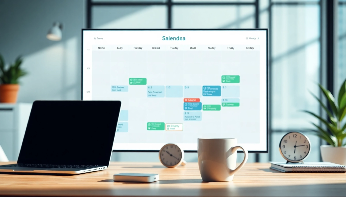 Optimize AI scheduling with time zones using a sleek digital calendar and modern workspace.