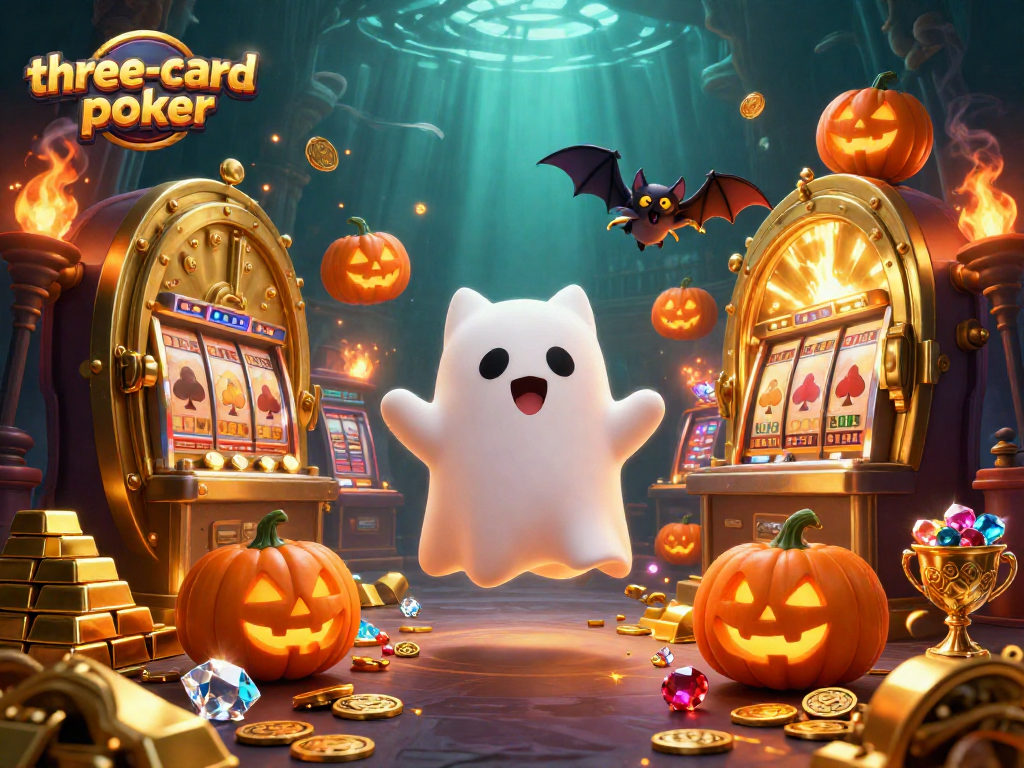 Experience three-card-poker action with a ghostly cat and bat in a vibrant casino scene