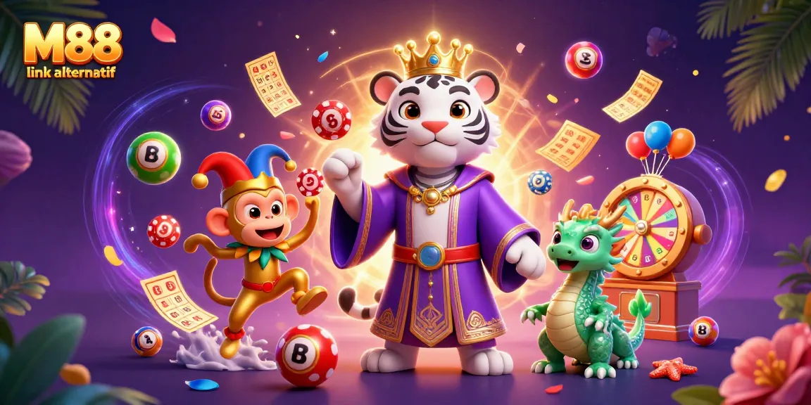 Experience thrilling gameplay with M88 link alternatif, featuring a tiger in royal robes and gaming elements.