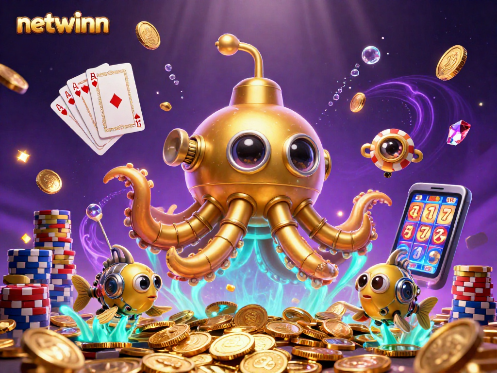 Engage with netwinn's vibrant gaming world featuring a golden kraken and treasures.