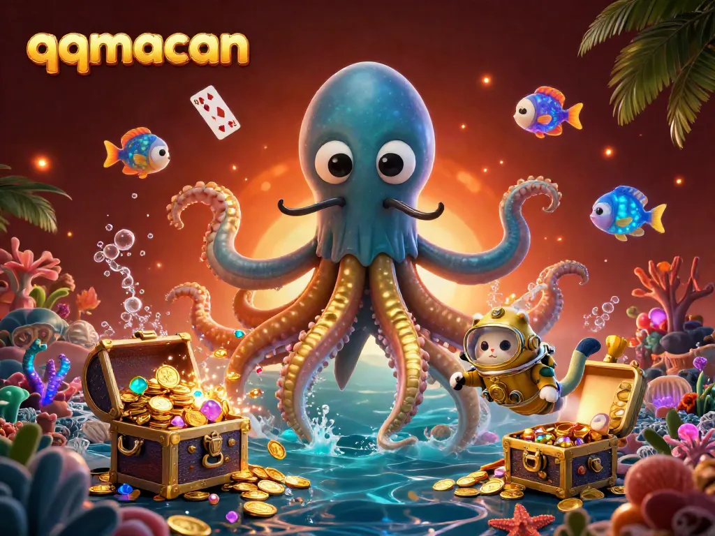 Engage with qqmacan in this vibrant underwater casino scene featuring a kraken, diving cat, and treasure.