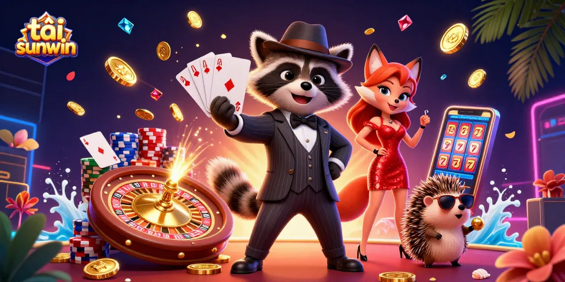 Experience the thrill of tải sunwin with a raccoon holding a royal flush, surrounded by casino elements and vibrant colors.