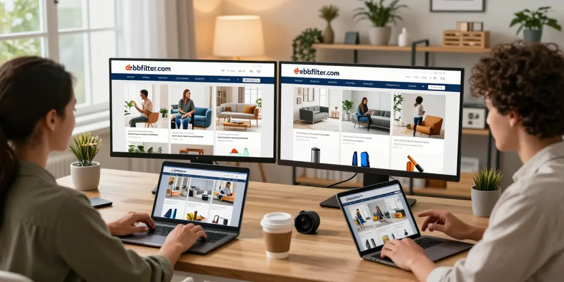 Engaging online shopping at ebbfilter.com with diverse shoppers exploring products in a vibrant e-commerce environment.