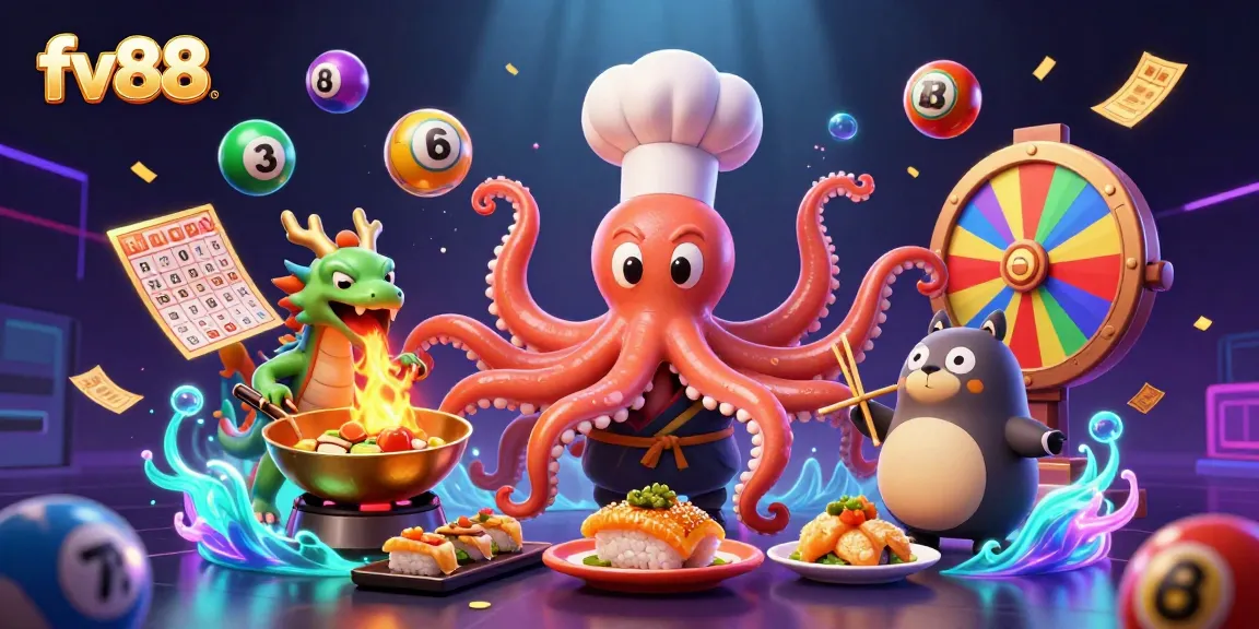 fv88 engages players with vibrant gaming elements, including a cartoon octopus chef, colorful lottery balls, and a dragon under a golden wok.