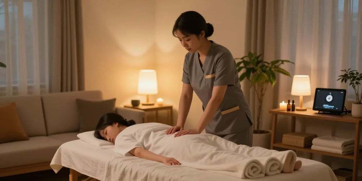 Relaxing home massage setup for 용인출장안마 services with a professional therapist preparing a calming environment.