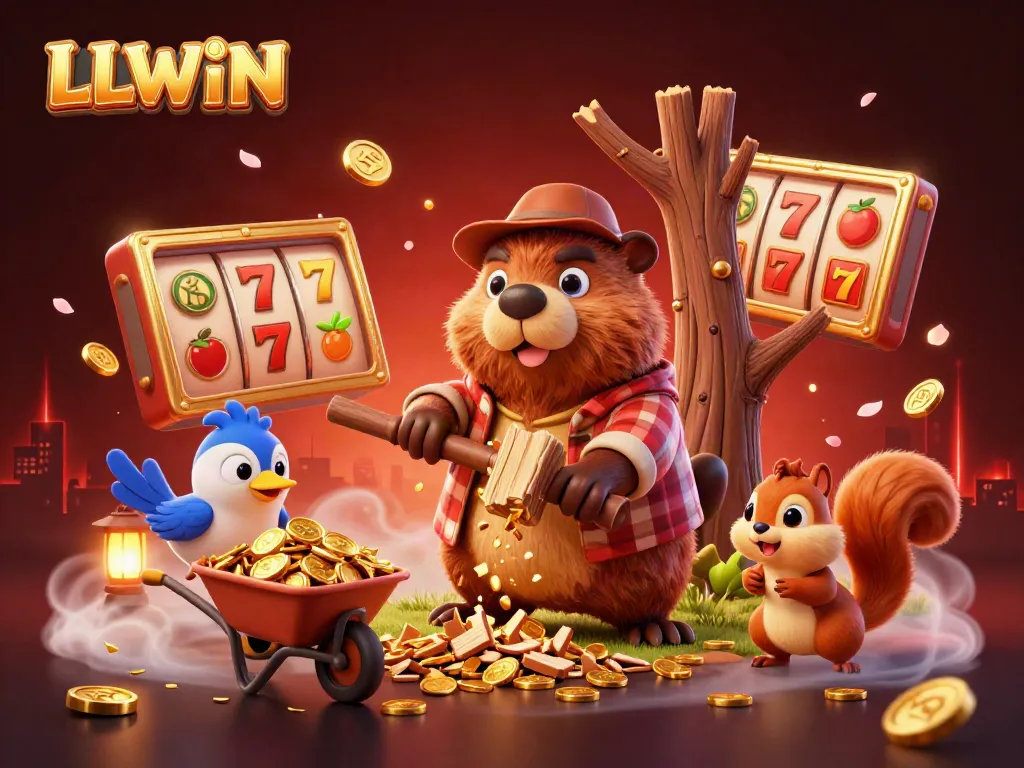 LLWIN 3D illustration of a fun casino scene featuring a beaver, bird, and squirrel collecting golden coins.