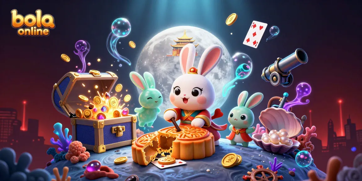 Bola online illustration showcasing a moon rabbit and jade companion amidst vibrant casino elements.