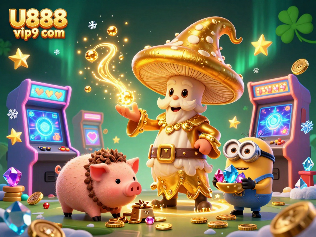 Experience the excitement of U888 vip9 com with a magical 3D casino scene filled with treasures and game elements.