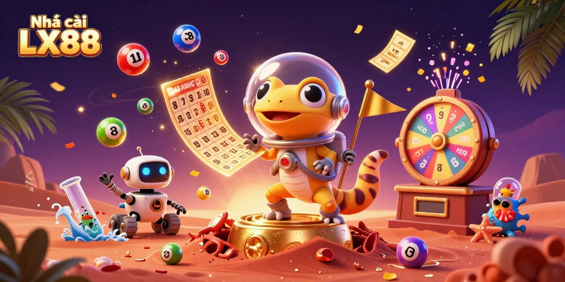 Engage with games at Nhà cái LX88 Casino with colorful lottery balls and exciting prizes in a dynamic scene.