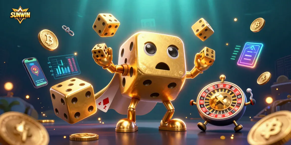 SUNWIN showcases an engaging 3D illustration of a golden dice golem and a roulette-ball, enhancing the online gaming experience.