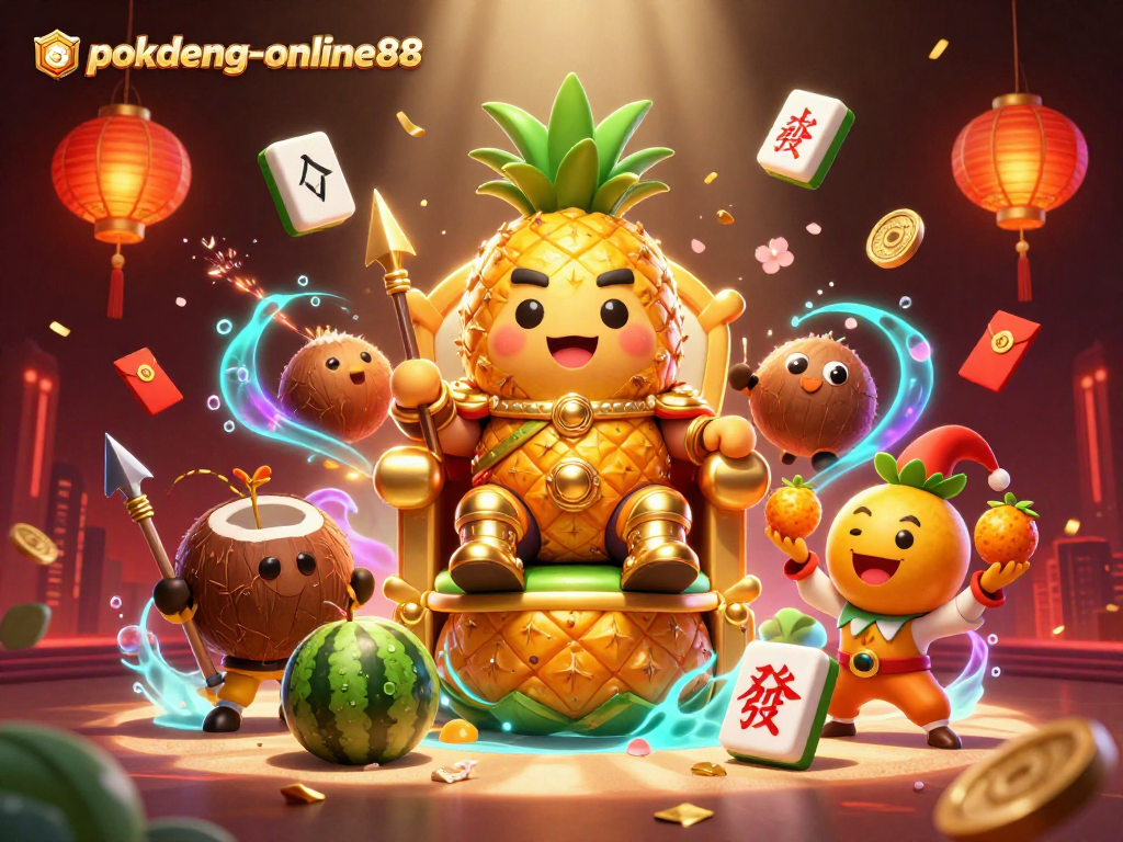 Experience the thrilling action of pokdeng-online88 with a vibrant casino scene featuring a pineapple king and dynamic game elements.