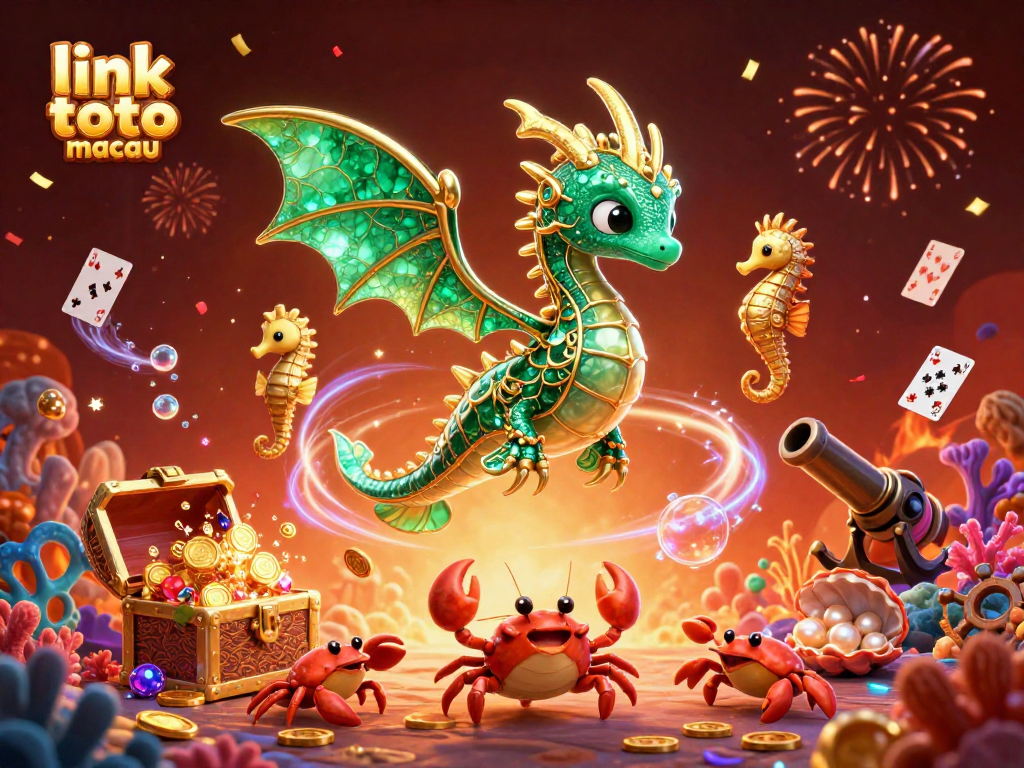 Win big at link toto macau with colorful 3D sea dragon and treasure chest in a festive setting.