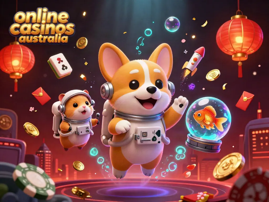 Experience thrilling moments at online casinos Australia with astronaut and animated characters in a vibrant casino scene.