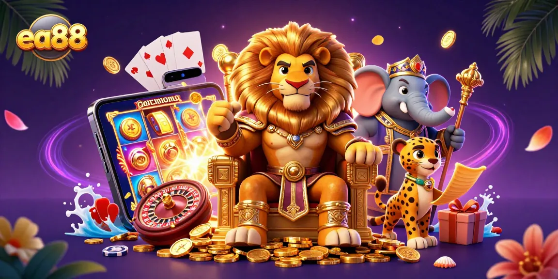Experience ea88's exhilarating wins with vibrant slot games and casino characters in action.