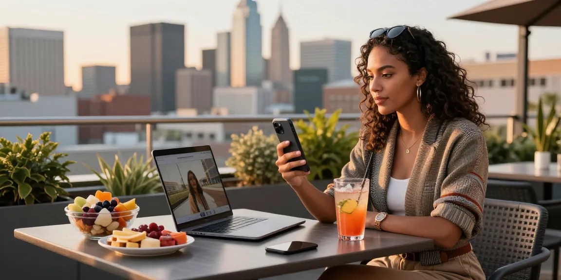 Woman interacting with audience on kirstenpricexxx.com from stylish rooftop terrace with healthy snacks and city backdrop.