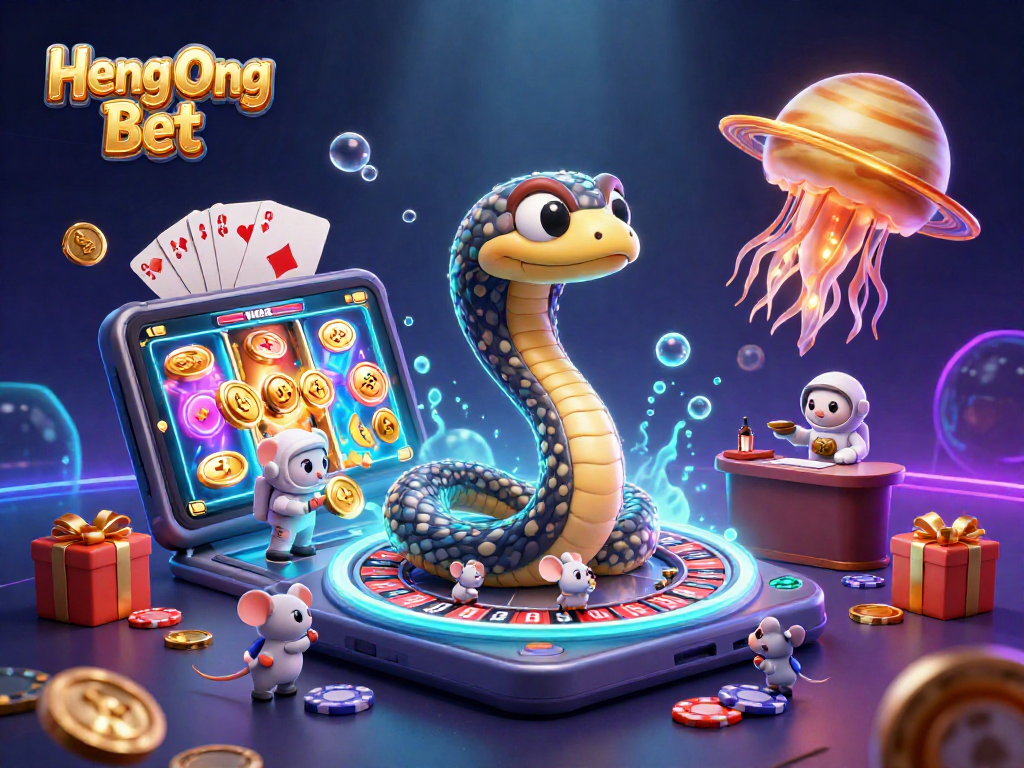 Experience thrilling gambling action with Heng Ong Bet's cosmic casino featuring animated characters.