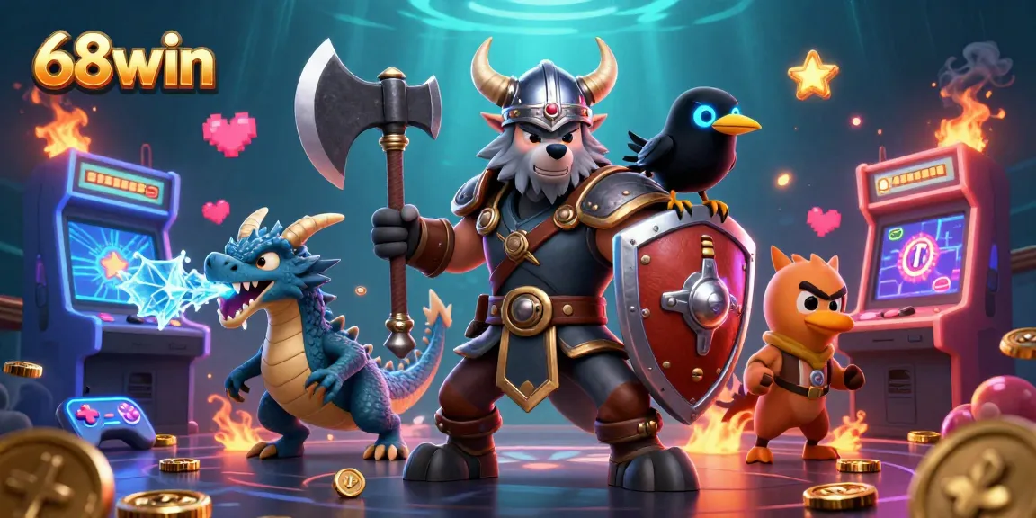 Engage in thrilling games with 68win, featuring a Viking wolf warrior, fierce dragon, and arcade elements.