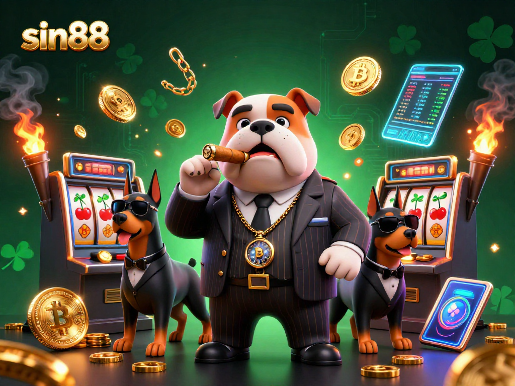 Engage with sin88 as the mafia bulldog leads a vibrant 3D cartoon casino scene filled with slot machines and cryptocurrency elements.