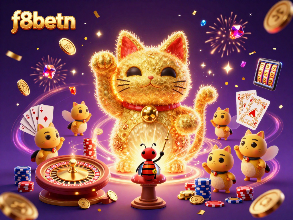 Experience the excitement of f8betn with a vibrant 3D lucky cat amid dazzling casino elements.