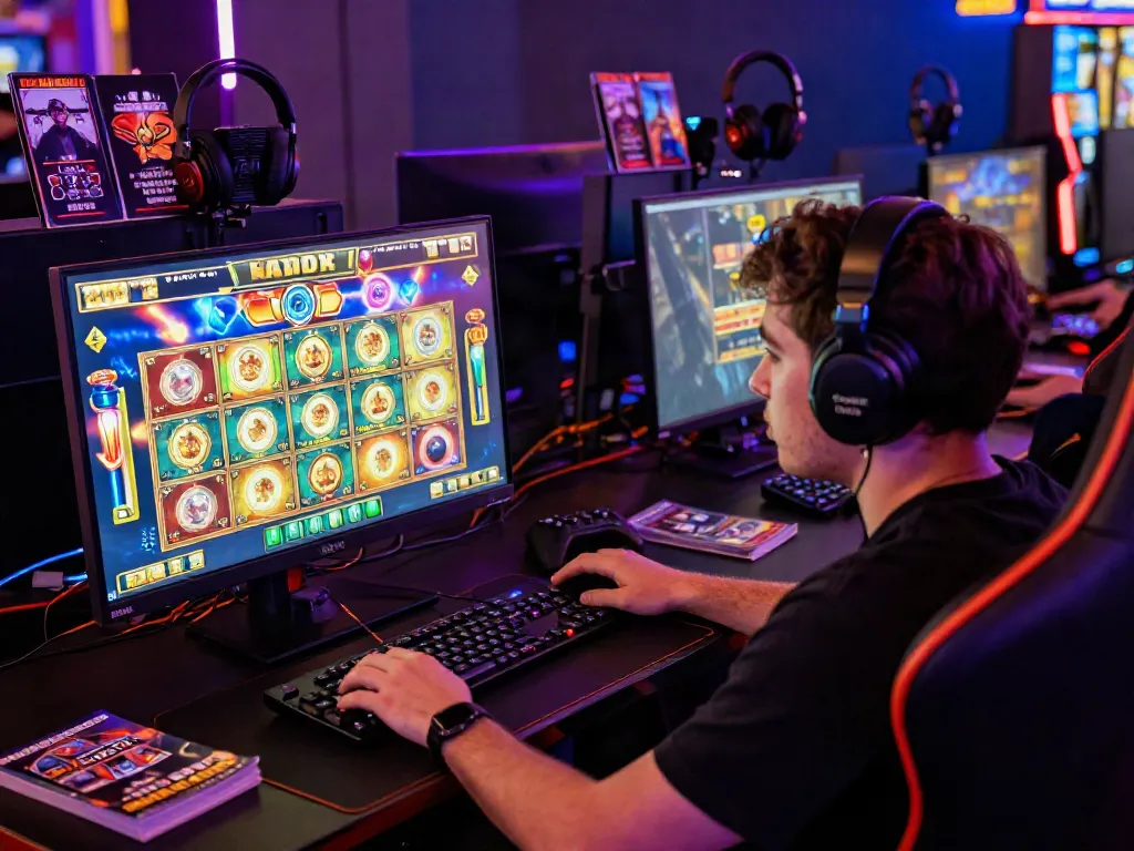Player enjoying a thrilling slot game experience with vibrant digital graphics in a modern gaming setup.