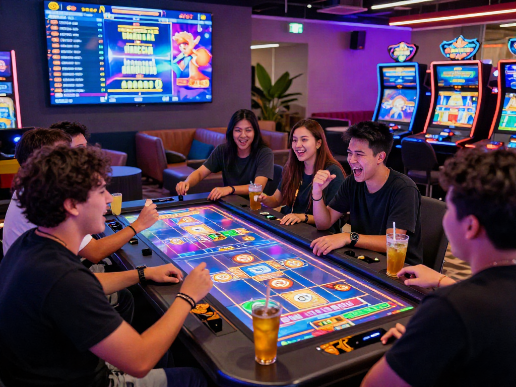 Engaged friends enjoying situs gacor gaming at a vibrant online casino table.