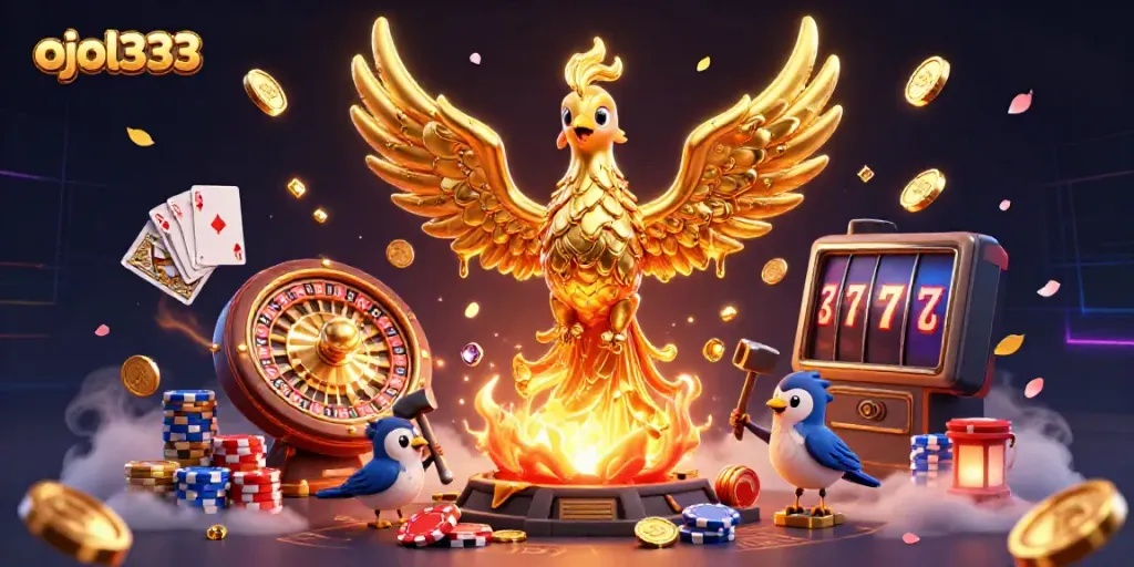 Experience the vibrant action of ojol333 with golden phoenix, coins, and casino games in a rich 3D scene.