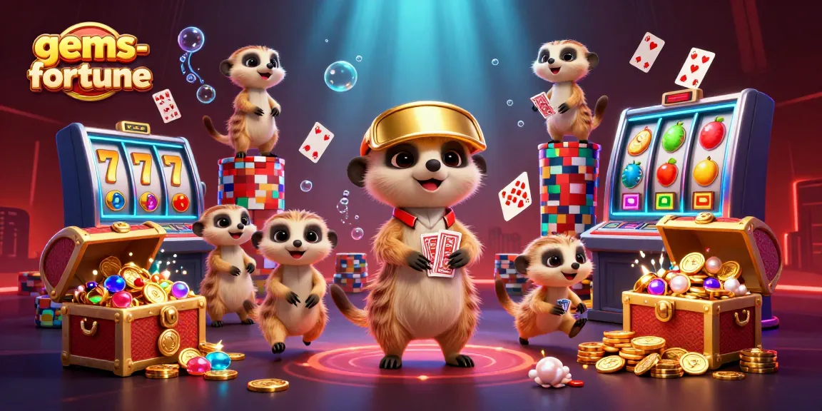 Engaging meerkats orchestrate a vibrant gems-fortune casino operation amidst dazzling visuals.