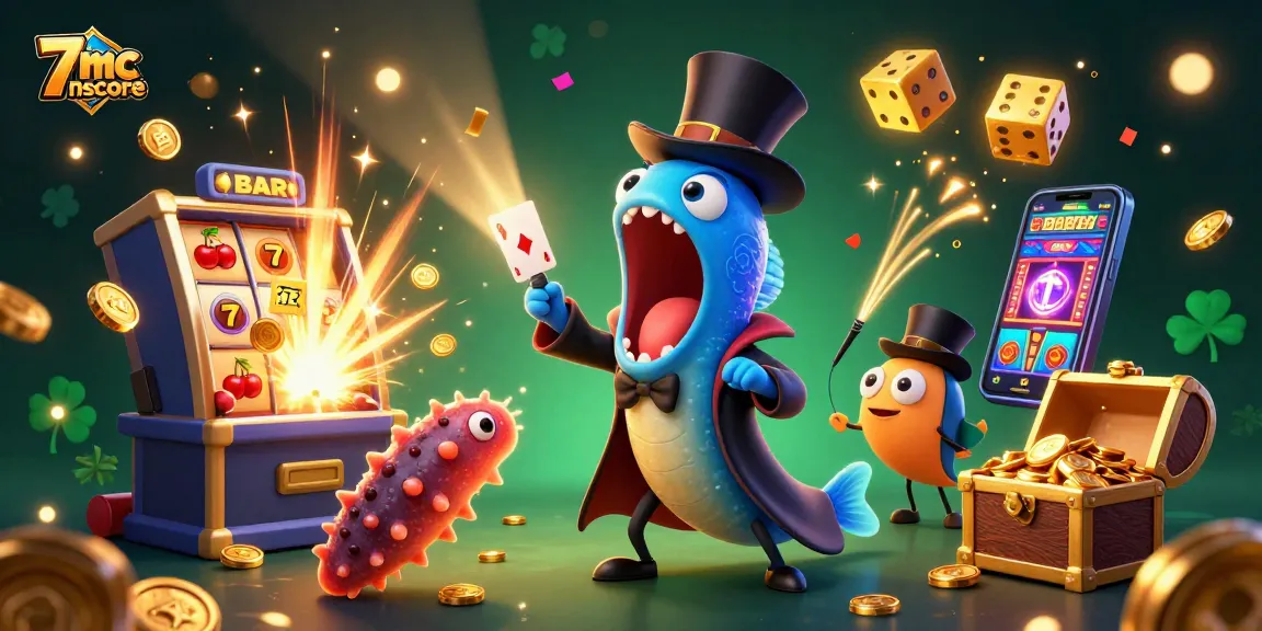 Play slots at 7mcnscore featuring a magical sea-themed casino illustration with energetic characters.
