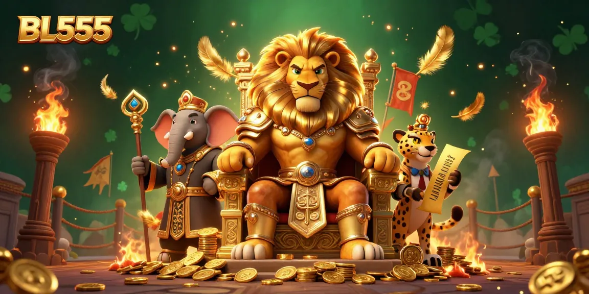Engage with thrilling gaming action at BL555, showcasing a grand lion king, an elephant advisor, and a swift cheetah amidst golden casino elements.