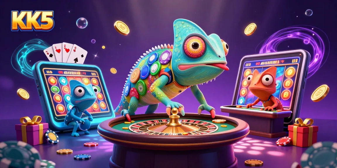KK5 chameleon casino owner enjoying vibrant slot games amidst golden coins