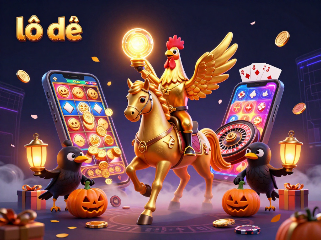 Engage in lô đề gaming with a vibrant 3D illustration of a golden rooster in a festive casino.