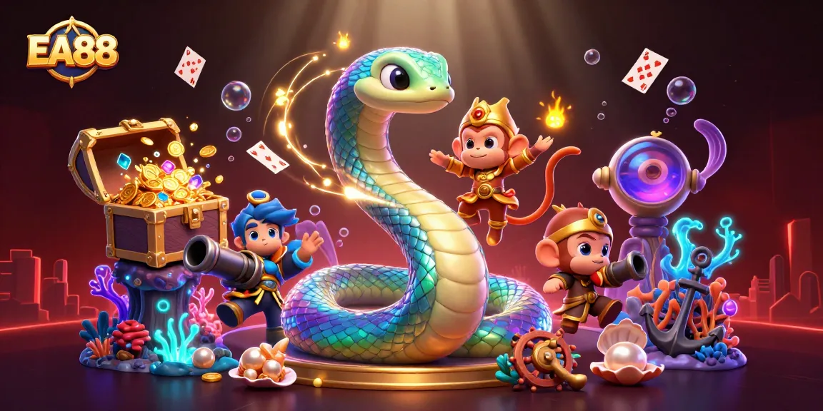 Experience thrilling gameplay at EA88 with a rainbow serpent and playful king in vibrant underwater adventure.
