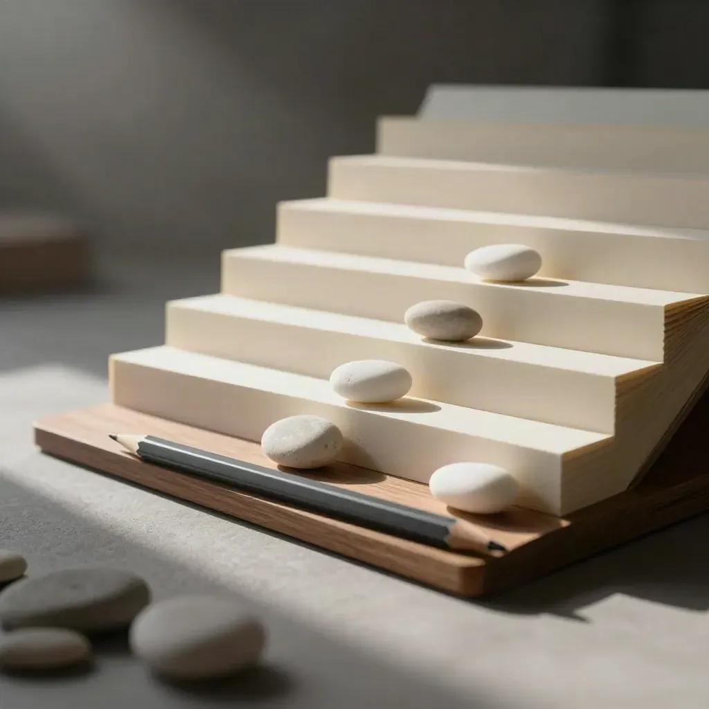 Stepped blank tabs, pencil, and white stones on a matte slab in soft morning mist.