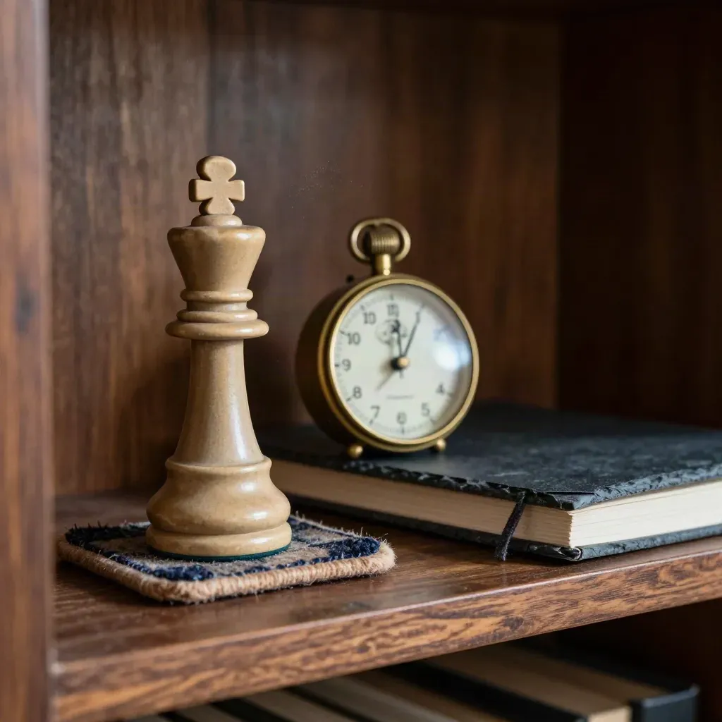 Chess king, metronome, and slate notebook on a quiet shelf in warm late light