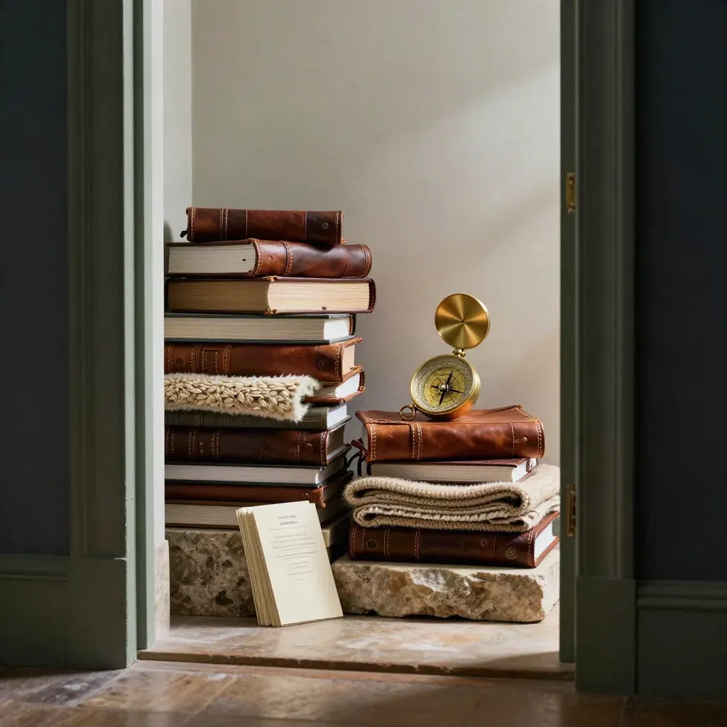 Moody mentoring alcove with leather notebooks, brass compass, throws and stone plinth