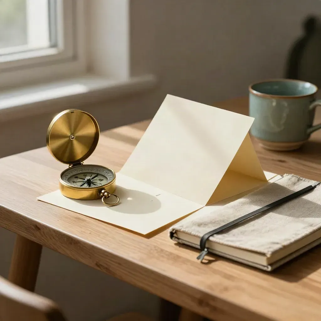 Brass compass, cream roadmap cards, notebook and teal cup in warm window light on a studio shelf.