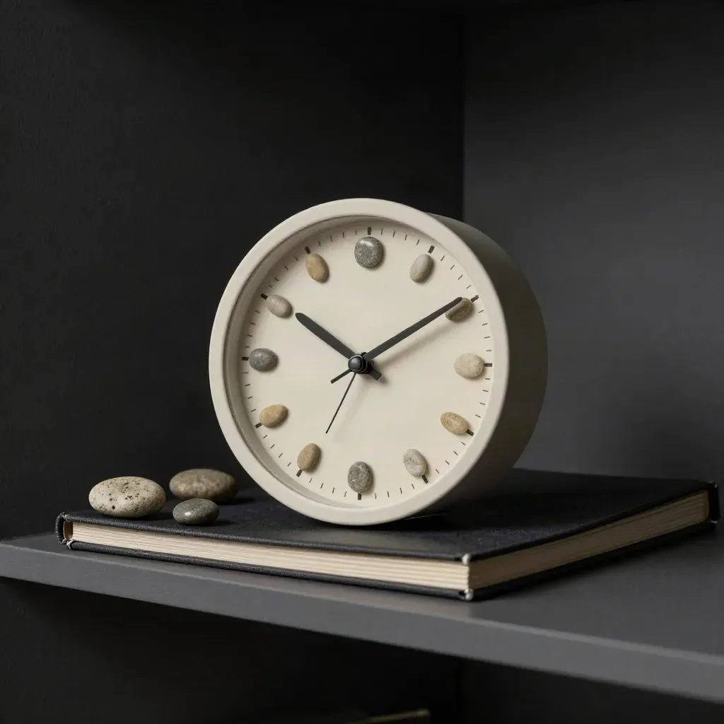 Small clock, pebble markers, and a closed binder on a dark shelf in cool evening haze.