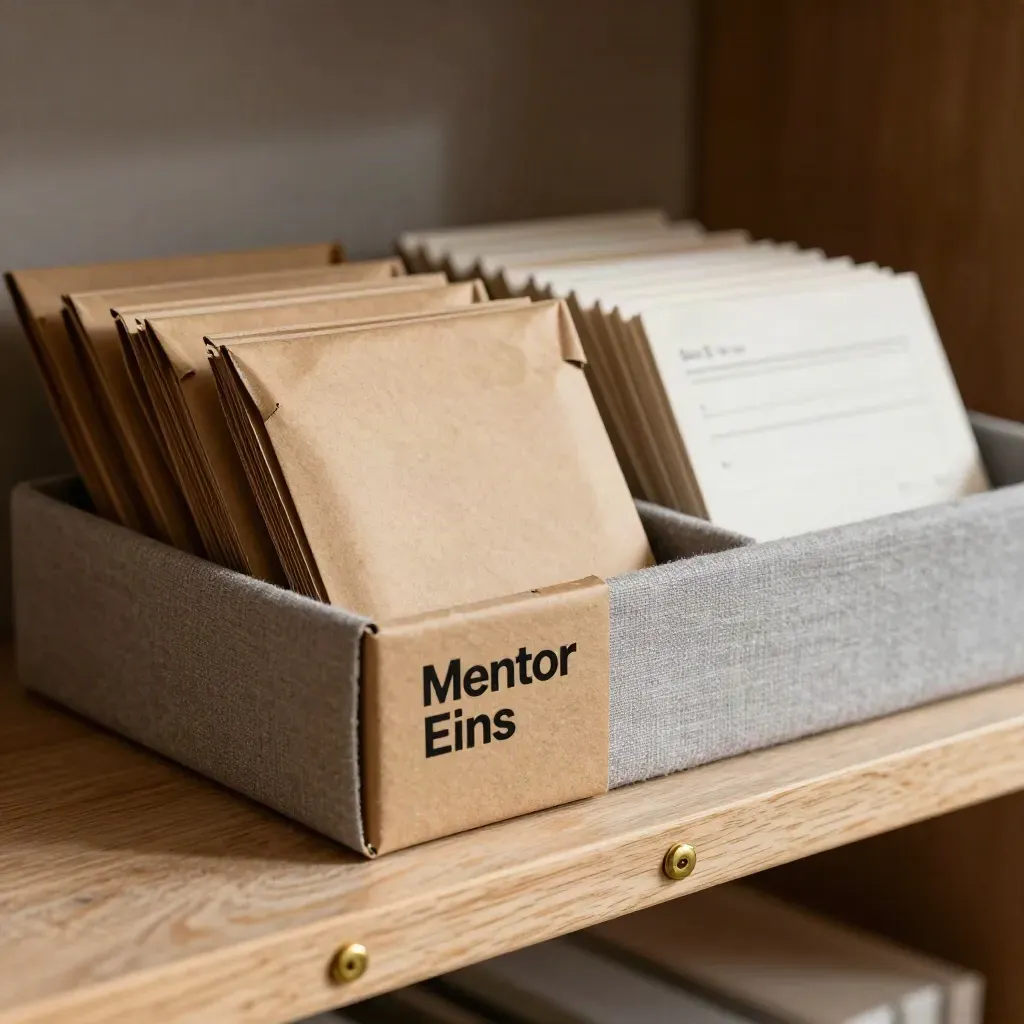 Macro of sample boxes, sealed mailers, and blank route cards on a warehouse shelf.