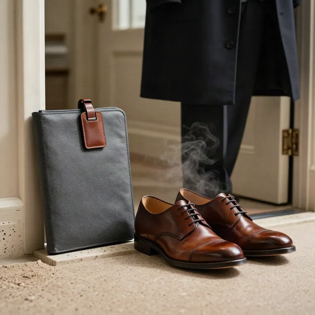 Polished shoes, canvas portfolio and transit pass holder by a coat stand in a hazy corridor.