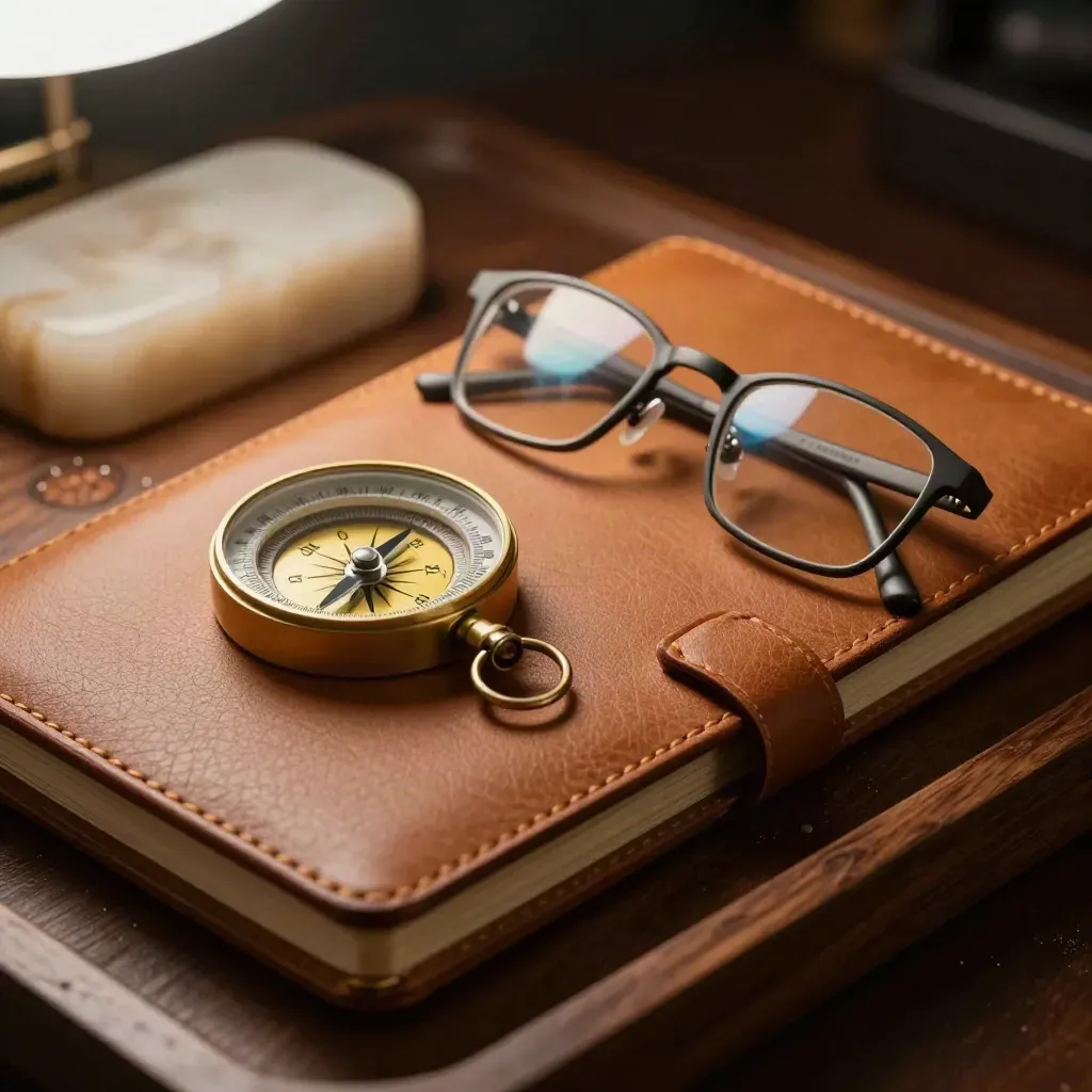 Macro still life of leather notebook, brass compass, folded glasses and stone paperweight on walnut
