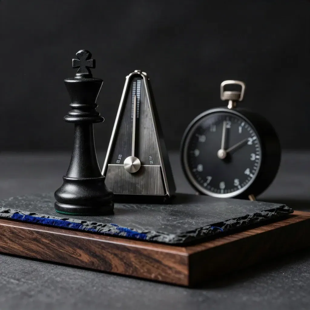 Chess king, metronome and timer on slate in dramatic low-key coaching still life.