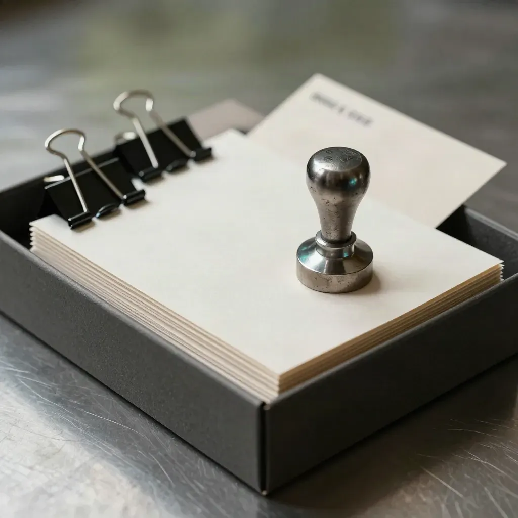 Prototype box, blank sleeves, binder clips and wax seal stamp on brushed metal under teal-tinted light.