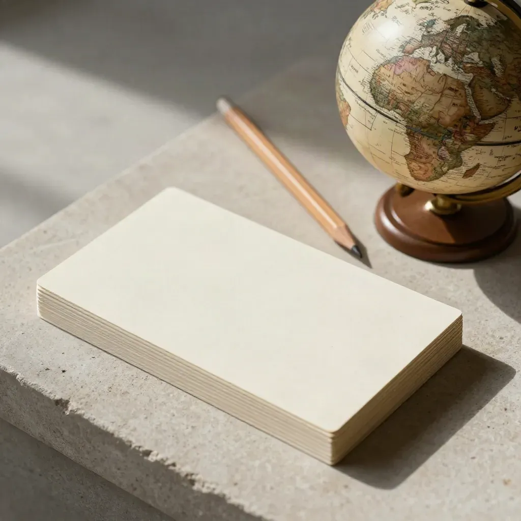 Top-down study kit still life: blank flash cards, pencil and globe on pale stone in soft daylight.