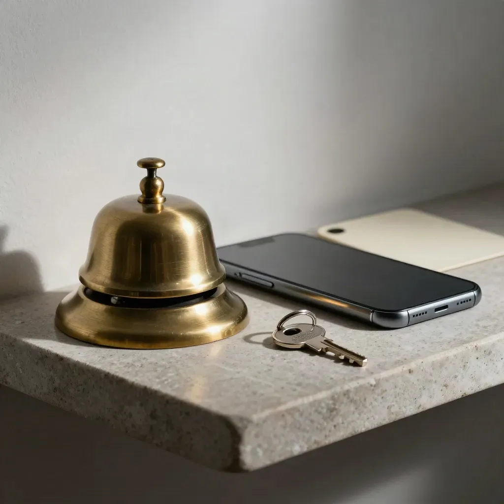 Brass appointment bell, face-down phone, and key ring on a stone shelf
